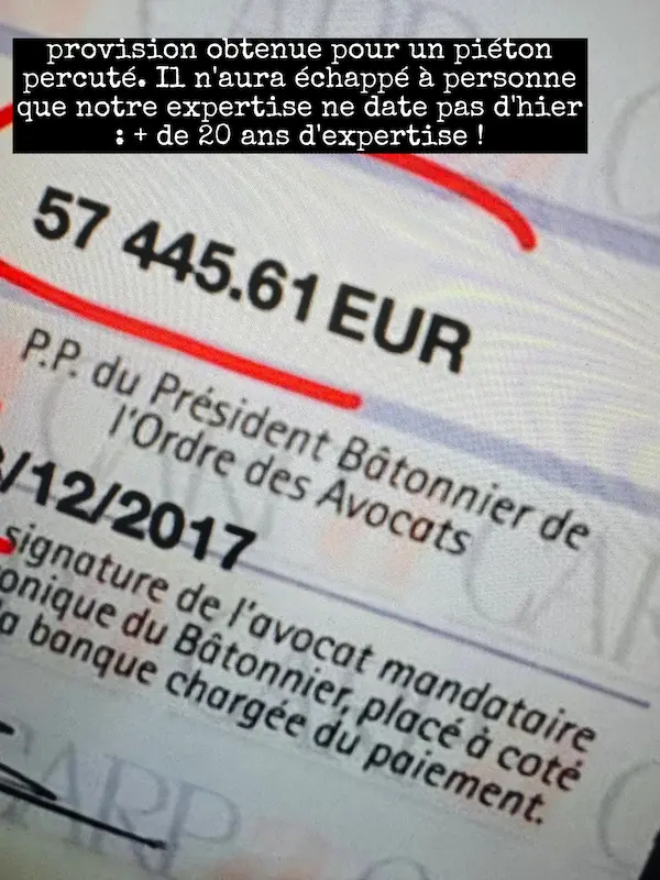 chèque de provision remis à l'un de nos clients à valoir sur l'indemnisation de ses préjudices